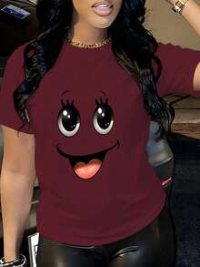 Camiseta de mujer casual, camiseta impresa con cara sonriente, cuello redondo, manga corta, cómoda y de moda - Burdeos - Ver 1