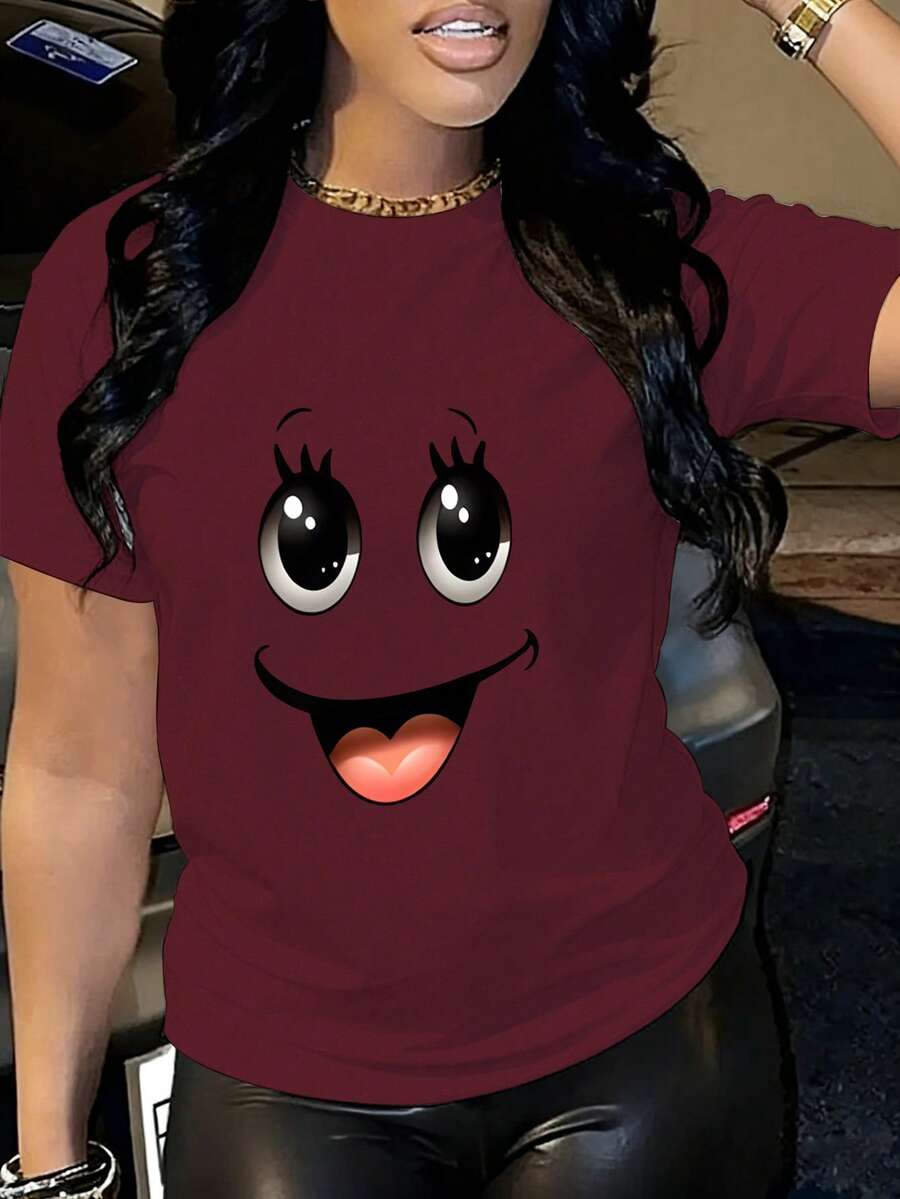 Camiseta de mujer casual, camiseta impresa con cara sonriente, cuello redondo, manga corta, cómoda y de moda - Burdeos - Ver 1