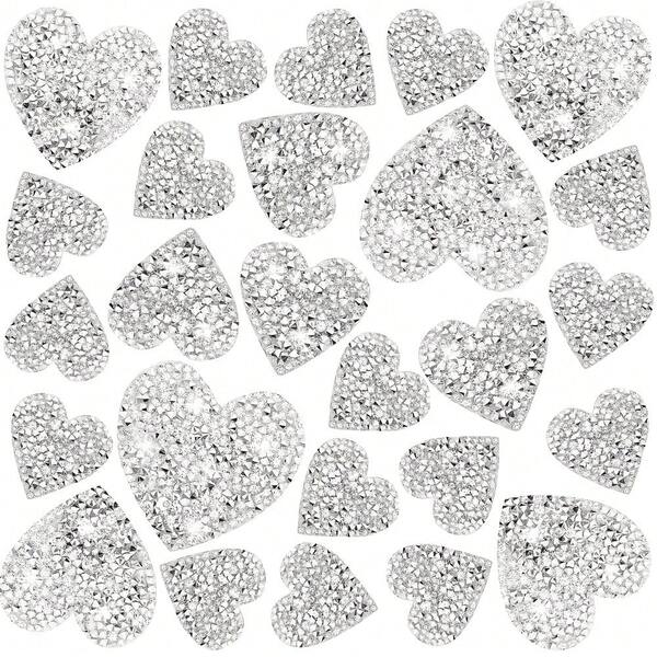 4Pcs Silver Heart Shape Hot Glue Iron On Patches Adhesive Rhinestone Glitter Appliques For Clothing Repair Decoration