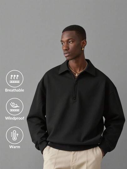 Men's Casual Loose Half-Zip Collared Pullover Quarter Zip Pullover Sweatshirt, Street Style, Autumn/Winter