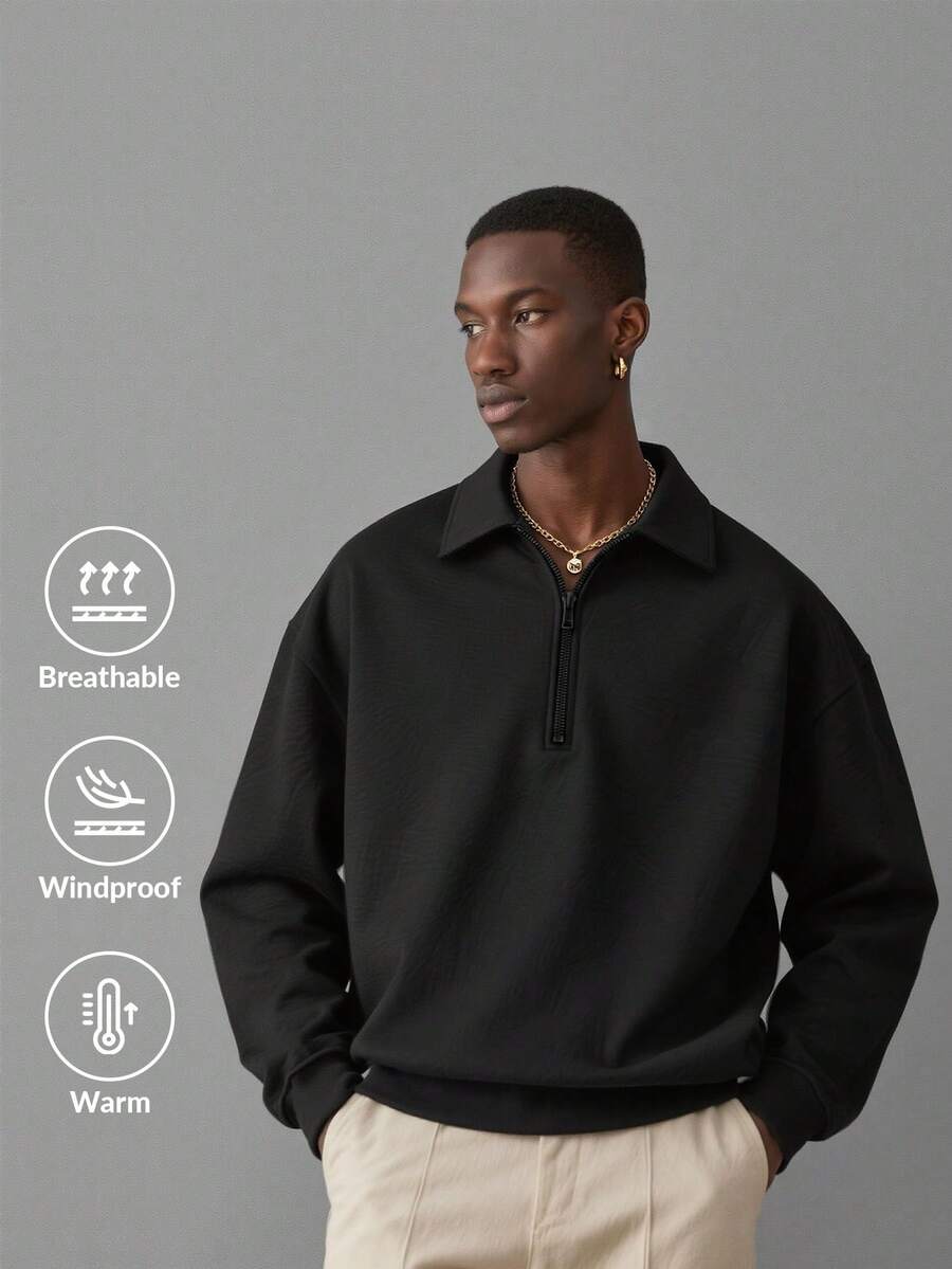 男士休闲宽松半拉链翻领套头衫，街头风，秋冬款 - 黑色 - 查看 1