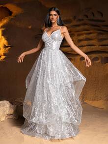 Faeriesty 优雅闪亮亮片正式派对礼服，深V领，交叉露背肩带，多层A字裙——是婚礼、盛会、派对和正式招待会的理想选择。 - 銀色 - 查看 8