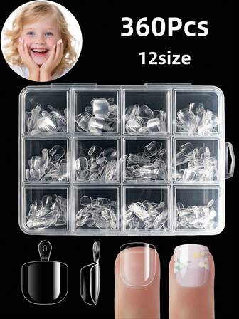 Extra Short Square Kid Nail Tips,360Pcs Soft Gel Nail Tips Pre-Shaped Press On Nails For Kids,Clear Acrylic Half Matte Full Cover Fake Nail For Kids DIY Extension & Salon Use 12 Sizes