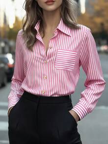 Chic Polyester Plaid Shirt Collar Blouse For Women With Long Regular Sleeves And Button Front Blouses For Women Tops Shirts - Red Stripes - View 6