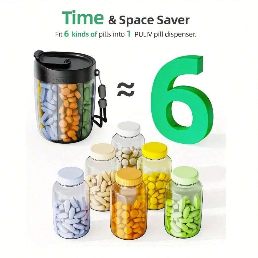 Portable Pill Organizer With Separate Compartments - Holds 6 Vitamins & Medications, Anti-Mixing Design, Wide Mouth Opening, Clear Viewing Window, Travel-Friendly Medicine Case With Carry Lanyard - Food- Plastic Construction For Daily Use, Travel, Elderly & Busy Lifestyles, Compact Design, Secure Storage, Healthconscious Users - Chai đựng màu đen - Xem 1