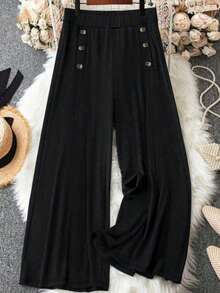 Pantalón largo de mujer de talla grande para otoño/invierno, de unicolor con botones, elegante, de corte ajustado, con estilo de pierna ancha, para ir a la oficina, banquetes, fiestas, bodas, Navidad - Negro - Ver 3