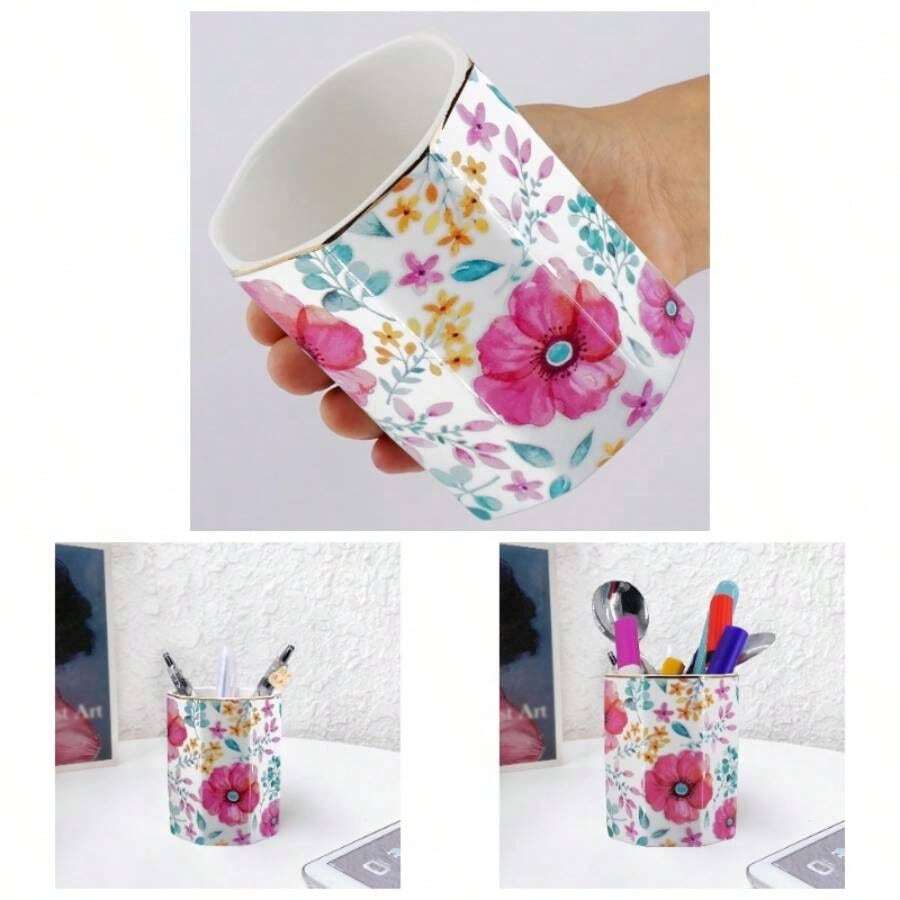 Large Capacity Colored Pen Holder Desk, Ceramic Pencil Holder Pen Cup Marker Holder Floral Brush Holders, Desk Accessories Workspace Organizers Home, School OfficePink White - Purple Red - View 1