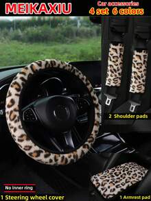 MEIKAXIU Winter Plush Rabbit Fur Coffee, Pink, Gray, White, Purple, Leopard Print Car Accessories Set, Including Steering Wheel Cover, Handbrake Cover, Gear Shift Cover, Armrest Pad, Headrest Cover, Handgrip Cover, Shoulder Pad, Suitable For Women - Leopard Print Plush - View 17