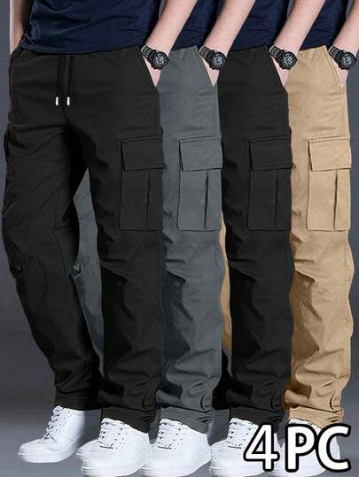 4条装男士多口袋工装裤，舒适休闲宽松版型运动裤，适合日常穿着、健身、慢跑、户外、通勤、徒步、跑步等各种场合，百搭直筒裤型