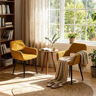 Meubles Cosy Conjunto de 2 poltronas modernas amarelas de veludo cotelê com pés de metal – Poltronas estofadas com encosto aberto, poltronas de tecido macio para casa ou escritório.