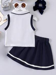 少女爱心印花高领背心搭配缎带装饰百褶迷你裙休闲套装 - 寶藍色 - 查看 2