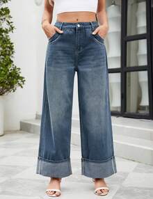 Women Straight Leg Jeans High Waisted Wide Leg Bell Bottom Jeans Loose Baggy Jeans Denim Crimping Pants - 藍色 - 查看 4