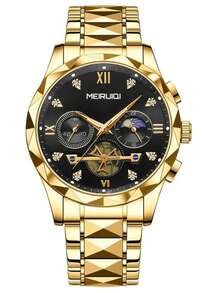 1pc Men's Business Steel Band Triple Eye Chronograph Moon Phase Luminous Fashionable Casual Versatile Quartz Wrist Watch