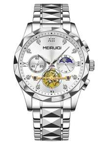 1pc Men's Business Steel Band Triple Eye Chronograph Moon Phase Luminous Fashionable Casual Versatile Quartz Wrist Watch