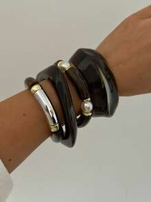 女士亚克力扎染糖果色不对称宽手镯 - 深棕色 - 查看 5