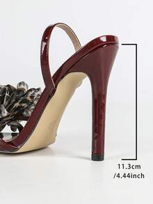 Jin Bei Qi Women's High Heel Shoes, Round Toe, Solid Color, Patent Leather, 3D Floral Decor, Criss-Cross Strap, Ankle Strap, Slip-On, Open Toe, Outdoor Party, Stiletto Heel, Fashion Sandals, Elegant, Glamorous, Party, Banquet, Romantic, Wine Red High Heels,Spring Summer Outfits - Burgundy - View 3