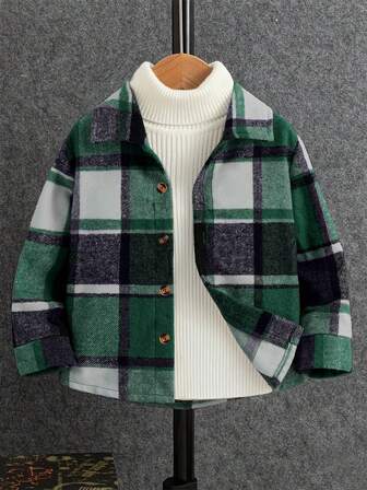 Young Boys' Casual Plaid Button-Down Long-Sleeved Shirt Collar Jacket -, Classic Collar Design, Soft Polyester Fabric, Perfect Match For Spring And Autumn | Classic Plaid Shirt | Structured Collar Shirt