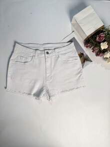 Plus Size White Denim Shorts Women's Summer Mid-Waist Raw Edge New Slim Fit Straight Denim Shorts - White - View 6