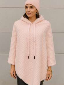 Capa poncho asimétrico largo con capucha para mujer, estilo casual, con detalles de cordón ligero sin forro - Rosa - Ver 3