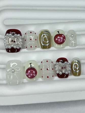 10PCS Christmas Apple Star Blush Swirls Handmade Press On Nails New Year Red Pearl Bow Fake Nails Removable Reusable Nail Supplies(1 Sheets Jelly Stickers+1PC Nail File)