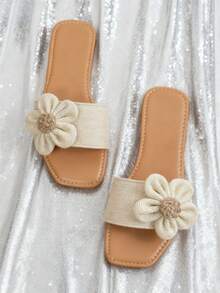 女士平底凉鞋，百搭黑色蝴蝶结休闲露趾凉鞋，2025夏季新款休闲沙滩鞋，户外塑料拖鞋 - 米色 - 查看 1
