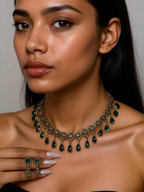 1pc Vintage Style Multiple Teardrop Pendant Necklace & 1 Pair Fashionable Earrings, Suitable For Daily Wear, Fashionable Parties, And Holidays