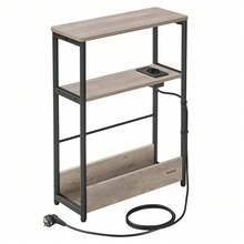 VASAGLE Mesa Auxiliar con Multienchufe, Mesa Auxiliar Estrecha con 3 Estantes, Mesa para Espacios Pequeños con Revistero, para Salón, Dormitorio, Estudio, Greige Melange y Negro Tinta - Gris - Ver 9