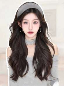 20inch Brown Black Cool Brown Long Wavy Curly Hair Soft And Heat-Resistant Synthetic Fiber Headband Wig Suitable For Women's Daily Party Eear, Natural Half Head Wig Hair Accessory Headband Detachable And Worn Separately - Multicolor - View 5