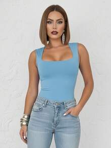 Kit Of 4 Women's Bodysuits, Square Neckline, Wide Straps, Sleeveless, Non-Transparent, With Elastane, Shaping, Versatile, Basic, Simple, Casual, High Fashion, Blogger Style, Foreign Style - 黑白藍粉 - 查看 5