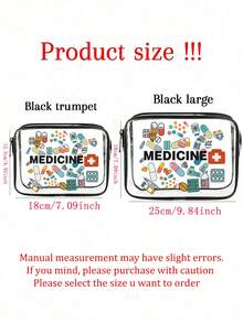 透明PVC便携式收纳袋，印有药品标签和药丸图案，医用收纳袋，大容量化妆品收纳包，防水，带拉链，化妆包，旅行收纳包，美容包，可收纳口红、化妆刷、护肤品、手机、零钱、小物件，旅行必备，轻便