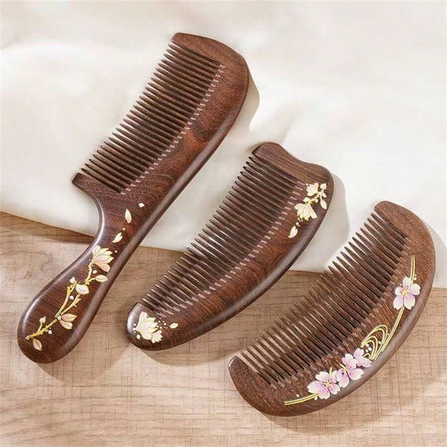 1pc Hand-Painted Flower Meridian Scalp Massage Comb, Anti-Static Natural Golden Sandalwood Hair Comb For Girls, High-End New Year Gift For Ladies, Can Be Given To Elders, Best Friends, Holiday Gift Comb - Multicolor - View 1