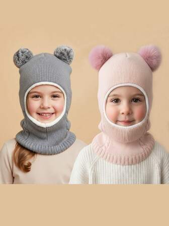 2-6Y Kids Knitted Double Pom Pom Hat With Ear Muffs And Scarf, Warm And Comfortable For Boys And Girls