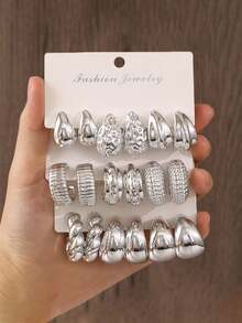 9件套时尚简约几何不对称个性化耳环套装 - 扭曲、水滴、C形设计耳环，适合休闲、约会或派对佩戴，女士珠宝套装 - 銀色 - 查看 10