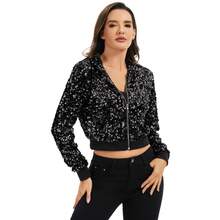 Women's Sequin Zip-Up Hooded Jacket With Ribbed Hem And Long Sleeves For Party Wear - Black - View 3
