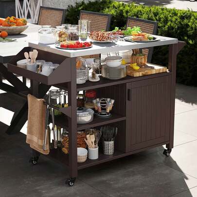 Lifezeal Outdoor Grill Cart Movable Prep Table With Storage Cabinet Shelves For BBQ