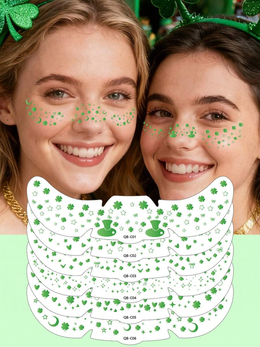 6张圣帕特里克节临时纹身贴纸，雀斑脸部贴纸，爱尔兰啤酒节化妆贴纸，可爱三叶草图案，防水化妆纹身贴纸，嘉年华配饰 - 彩色 - 查看 1