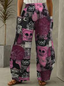 Women's Skull Print Wide-Leg Trousers - Made Of Soft Polyester Fabric, Loose Fit, With Pockets, Suitable For All Seasons. Comfortable And Uniquely Stylish Choice - Mixed Colors - 查看 4