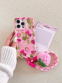 Strawberry Cake Wavy Edge Painted Plush Strawberry Chain Soft Shell Cute Case Compatible With IPhone 17/17 Pro/ 16/15/XR/7P 8P/P12 Pro Max/P13 Pro Max/P14 Pro Max/P13/P14/P11/P12/P14, XS/S/XS Max/7 8 GES2, Fashionable Thick Protective Phone Cover - Multicolor - View 5
