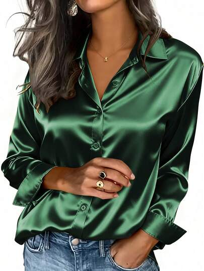 Women's Satin Shirt, Business Casual Button-Down Blouse With Notch Lapel, Elegant Office & Lounge Top For Fall Winter Spring