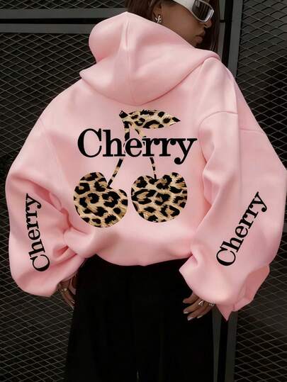 1pc Girls' Cherry&Leopard Printed Long Sleeve Sweatshirt ,Comfortable Fashion Pullover, Suitable For Autumn And Winter,Daily Wear