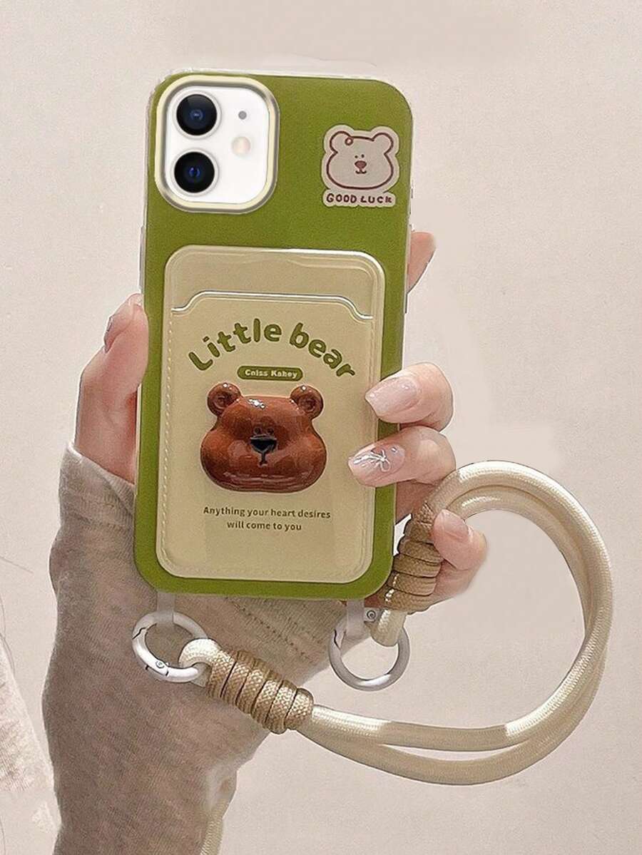 1 Ốp lưng điện thoại hình gấu 3D dễ thương có dây đeo, tương thích với iPhone 17 Pro Max, 16 Plus, 15, 14, 13, 12, 11 Pro - màu xanh lá - Xem 1