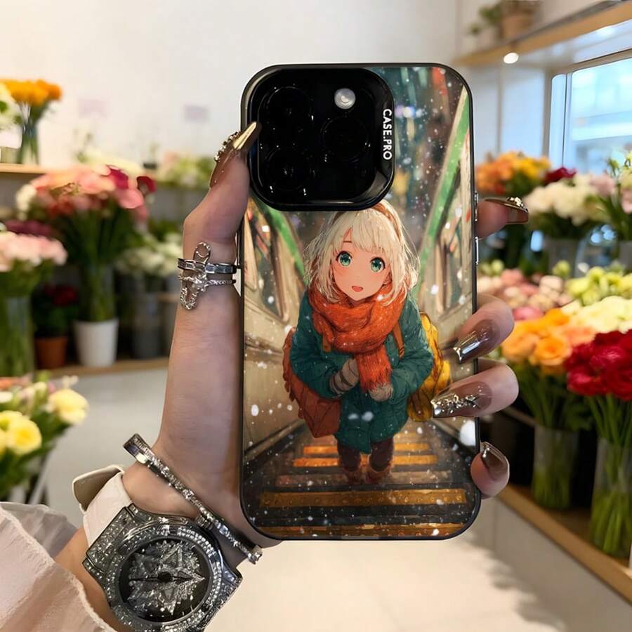 Cubierta de teléfono con diseño de anime para mujer color negro con estampado de chica con bufanda naranja en escena invernal ideal para uso diario y ocasiones casuales Aplicable a los teléfonos de la serie Apple y Galaxy - Negro - Ver 1