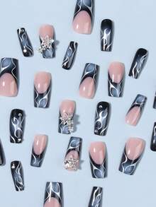 24pcs Y2K Rectangle 3D Star Pearl French Acrylic Nail Stickers To Enhance Your Fashion Sense. Perfect Fit, Set Includes: 1pc Jelly Gel And 1pc Nail File - Multicolor - View 4