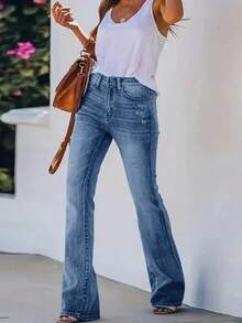 ARWY 褪色美式修身时尚百搭女式喇叭裤牛仔裤，优雅的波西米亚风日常、夜间外出、度假，适合万圣节、复活节和所有季节 - 深色水洗藍 - 查看 5