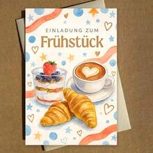 德国成人早餐邀请卡 - 酸奶芭菲、拿铁和羊角面包“Frühstück”问候语（含信封） - 彩色 - 查看 10