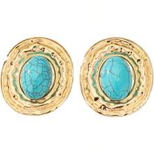 Chunky Gold Turquoise Statement Earrings Women,Vintage Big Oval Dangle Drop Earrings,Boho Exaggerated Western Jewelry Accessories - màu ngọc lam - Xem 3