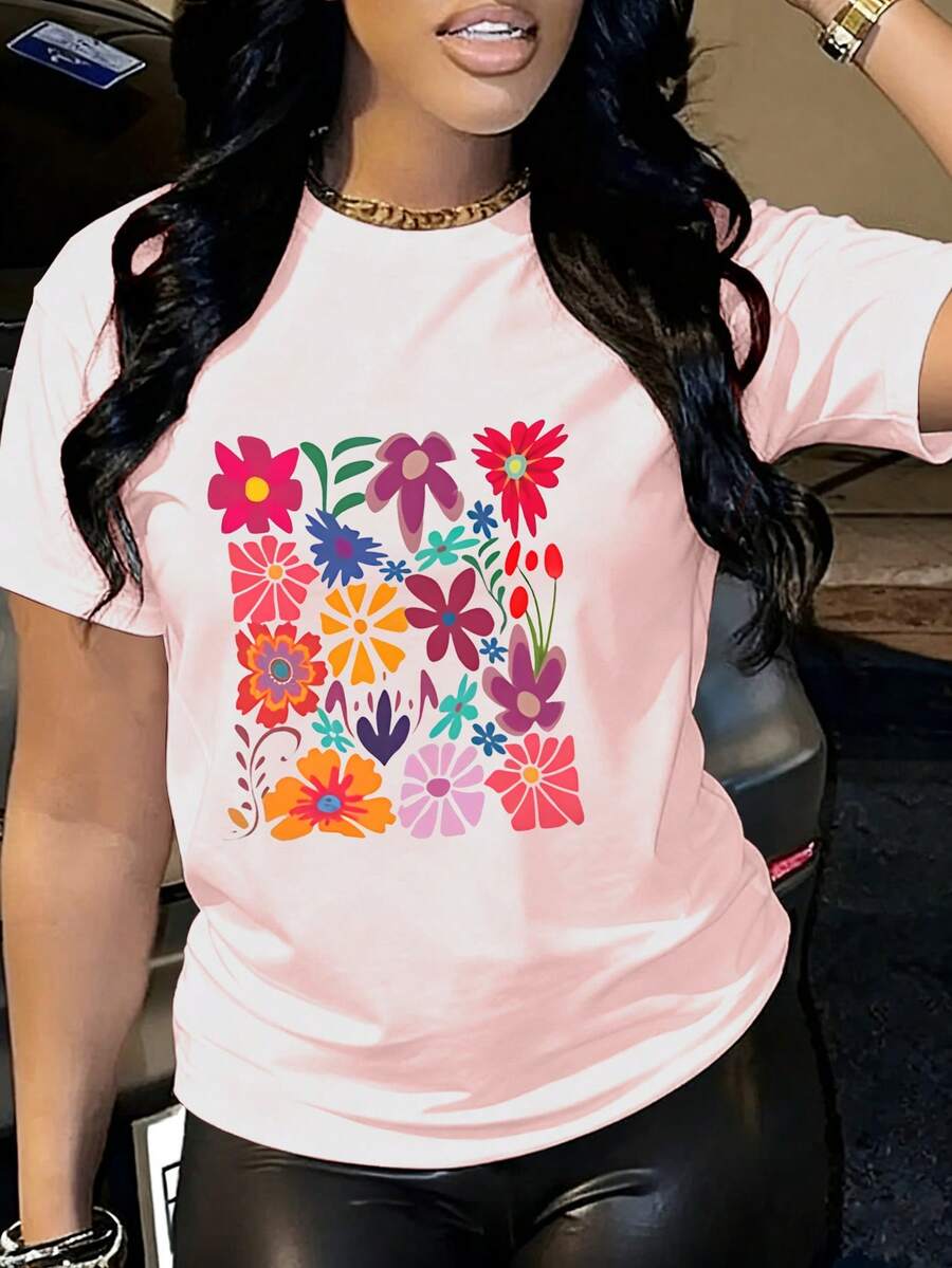 Ropa de mujer casual de manga corta, camiseta impresa en flores, cuello redondo, ropa de mujer casual de verano elegante y cómoda - Rosa - Ver 1