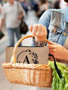 1 pieza Bolsa con cremallera de lino con estampado de letra, patrón de letra floral de moda, monedero, bolsa de cosméticos, regalo para mujeres, maestras, organizador de viaje: perfecto para exteriores y belleza, adecuado para mujeres, madres, amigas, damas de honor, estudiantes, vuelta al colegio, maestras - Caqui - Ver 9