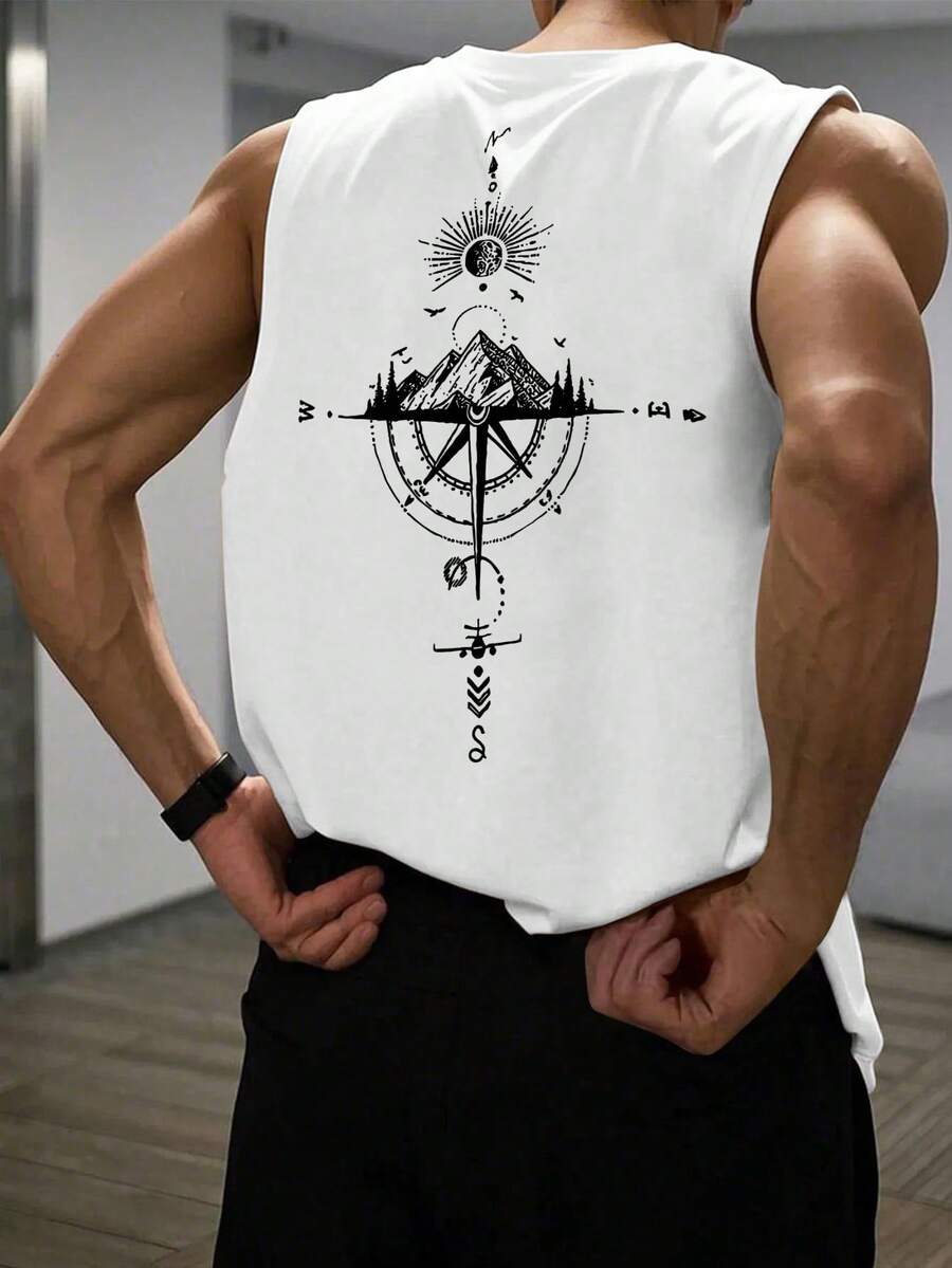 GRDR Men's Summer Casual Compass & Mountain Print Round Neck Tank Top - White - View 1