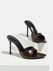 女士经典绑带宽口收腰穆勒鞋，柔软舒适的合成革材质，成熟性感风格，四季皆宜，咖啡棕色，尖头设计，细高跟，是派对、职场、社交活动、教师节、圣诞节、母亲节、情人节、春夏穿搭的理想之选。 - 咖啡棕 - 查看 6